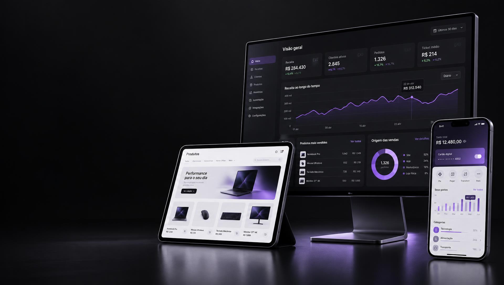 Mockups conceituais de plataforma SaaS, loja digital e aplicativo desenvolvidos para apresentar a Beenk